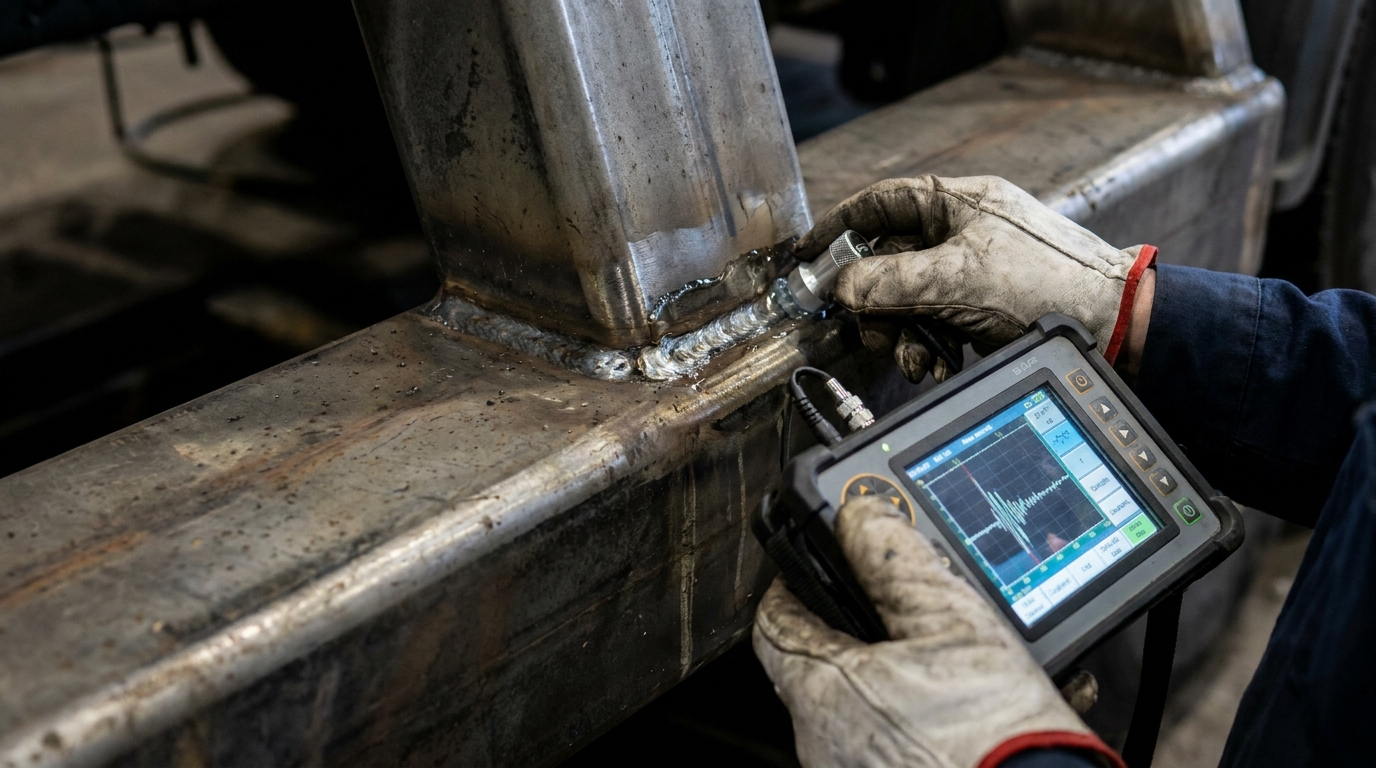 Photorealistic image of a technician using a portable ultrasonic testing device to inspect a thick structural weld on a truck bumper frame.