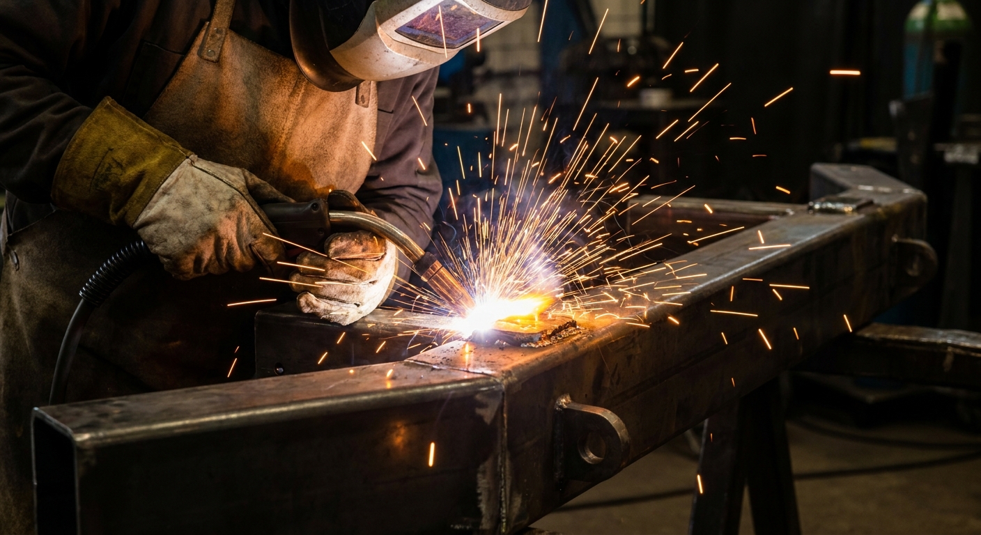 Photorealistic image of a certified welder performing high-penetration structural welds on a heavy-duty steel truck bumper frame in a professional workshop.
