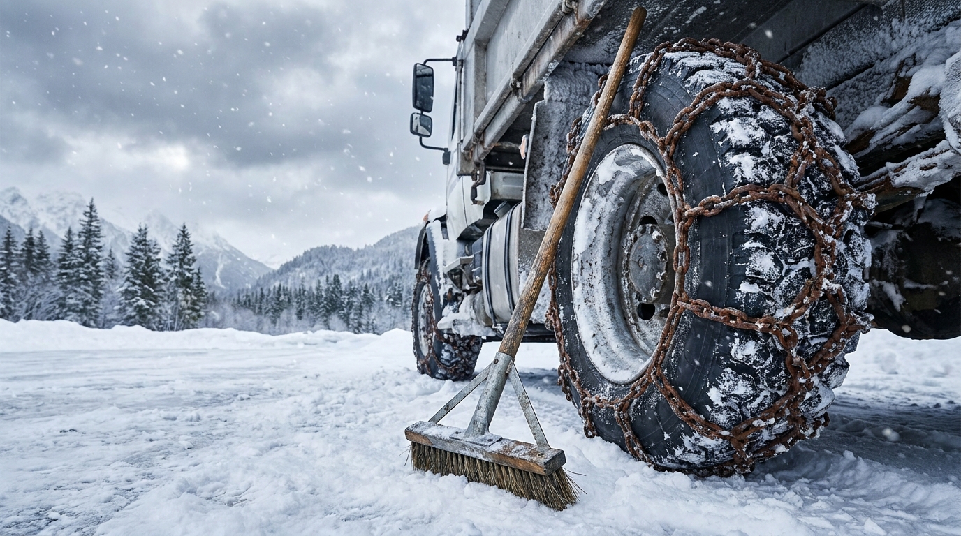 Heavy-duty tire chains and an ice scraper with a snow brush placed on a snow-covered truck bumper.
