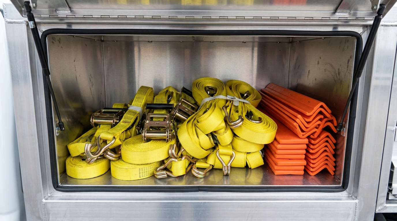 A collection of ratcheting straps, bungee cords, and edge protectors stacked inside a large truck body storage unit.