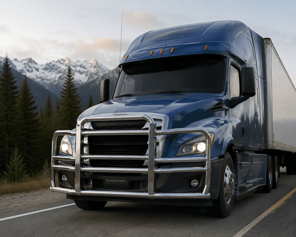 A long-haul semi truck featuring grille guard truck front end protection, driving through a mountain highway environment where wildlife collisions and road hazards are common.