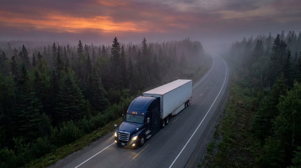 A Freightliner Cascadia drives along a forest highway at dawn, equipped with a moose bumper for Freightliner Cascadia to protect against wildlife collisions.