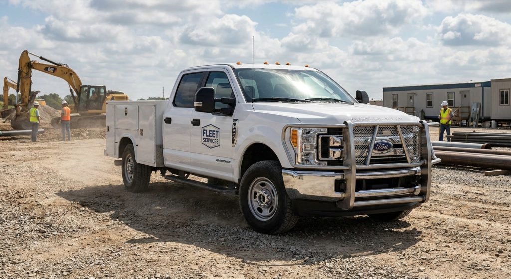 White Ford Super Duty service truck with HD truck bumper grille guard working at a construction site with excavators and construction crew in the background.