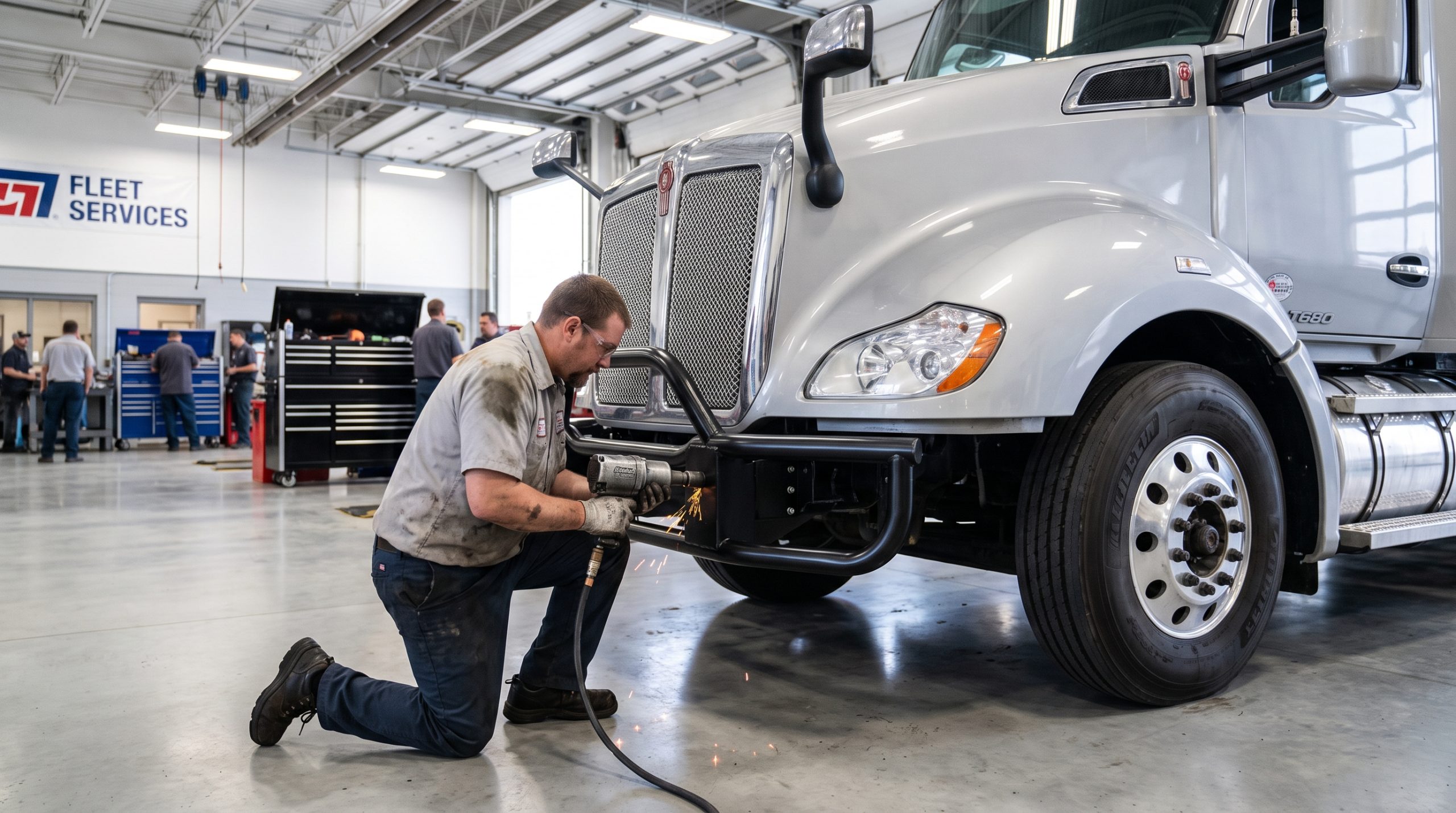 Mechanic installing a heavy duty truck bumper in fleet service bay