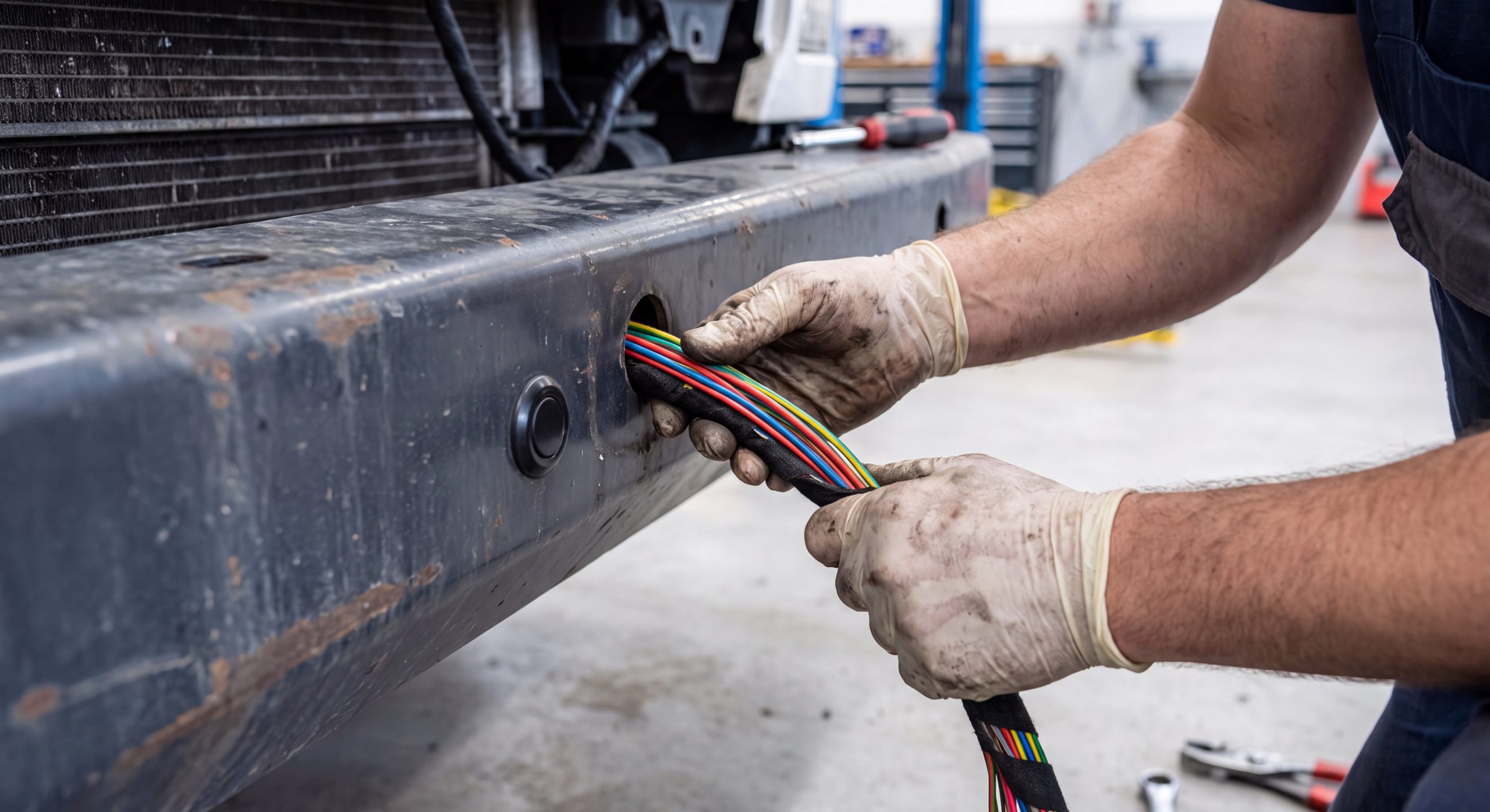 Mechanic routing and installing parking sensor wiring