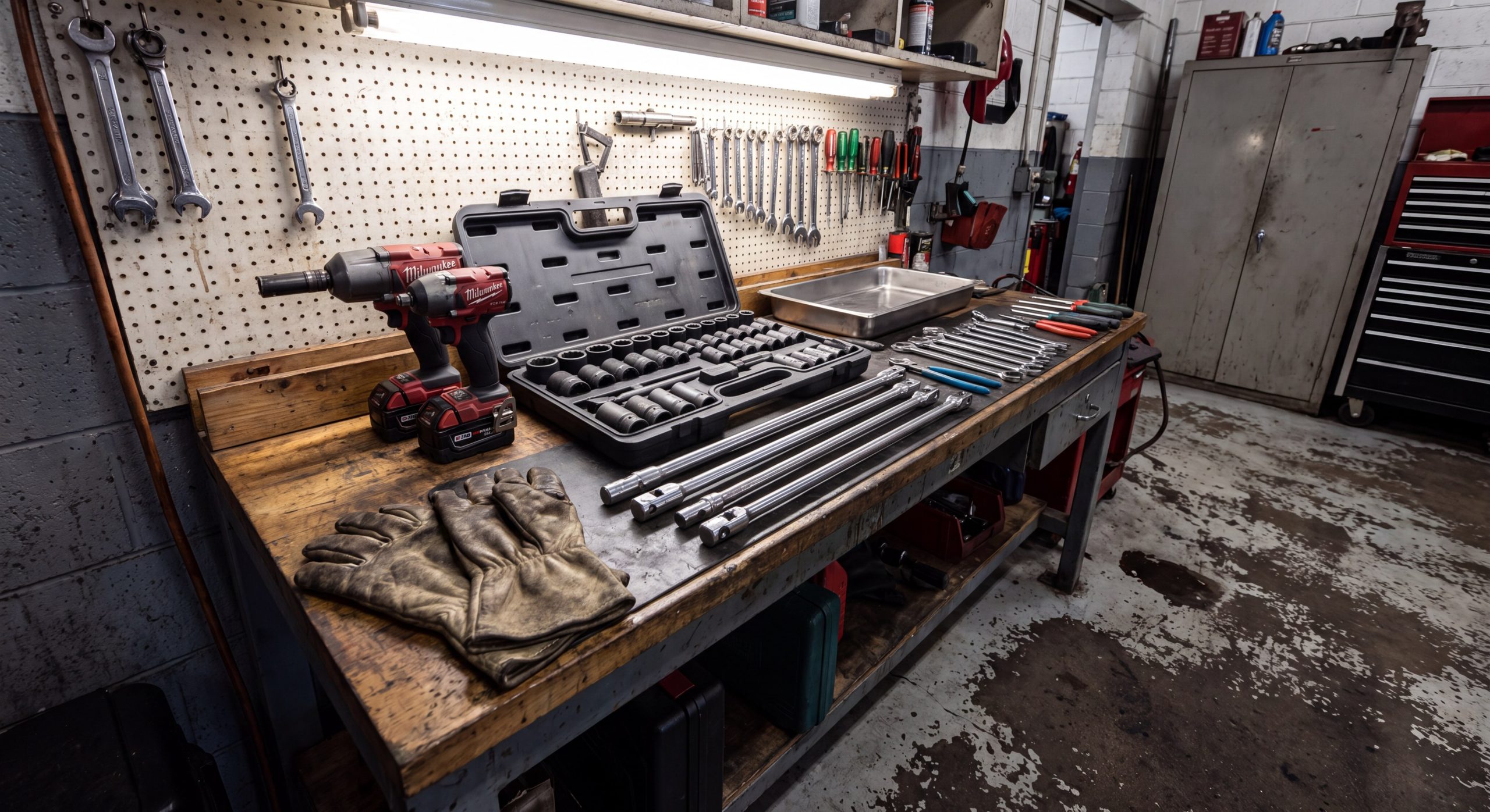 Mechanic tool set organized on a workshop bench