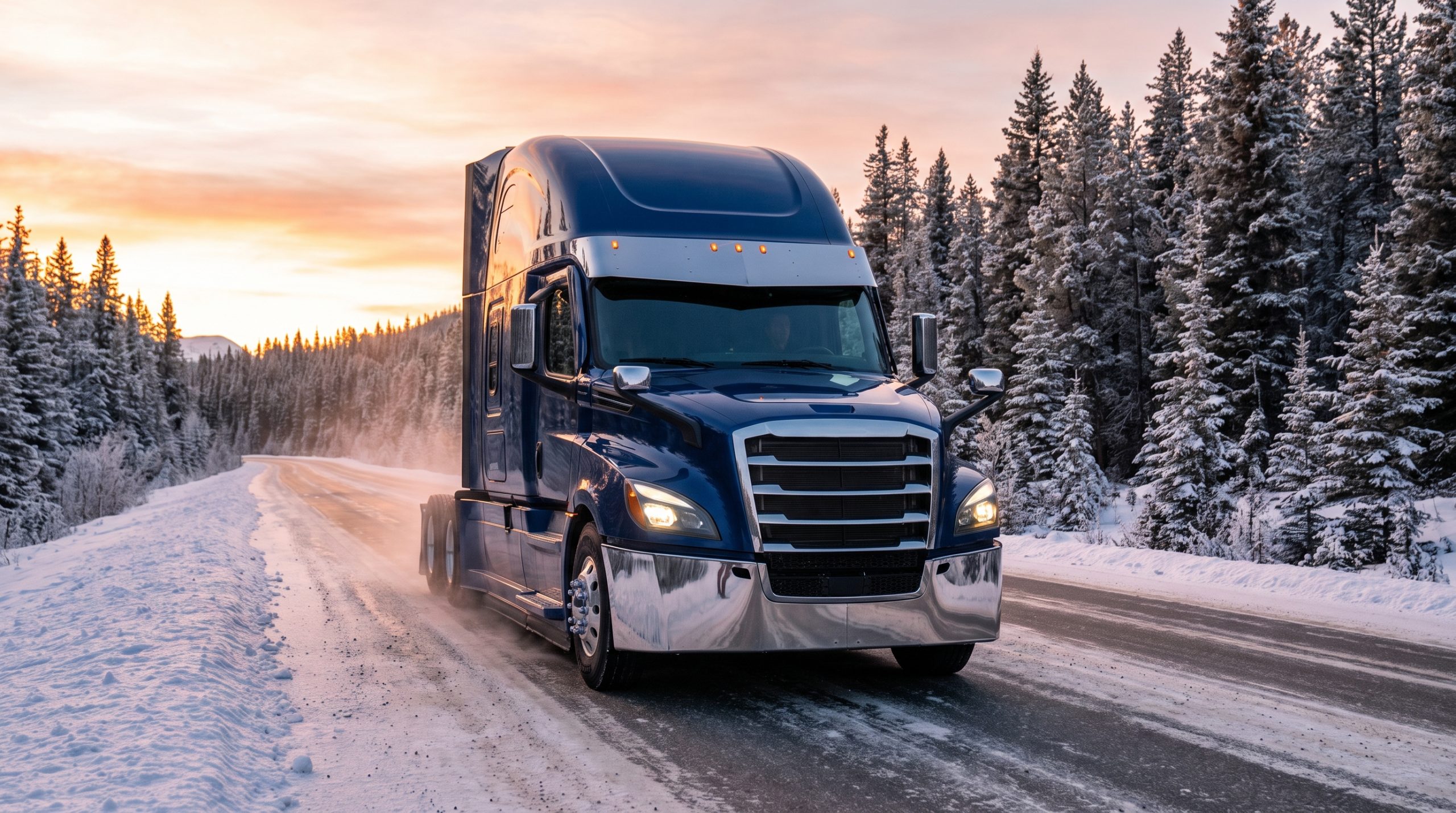Premium Semi Truck traveling through a snowy forest