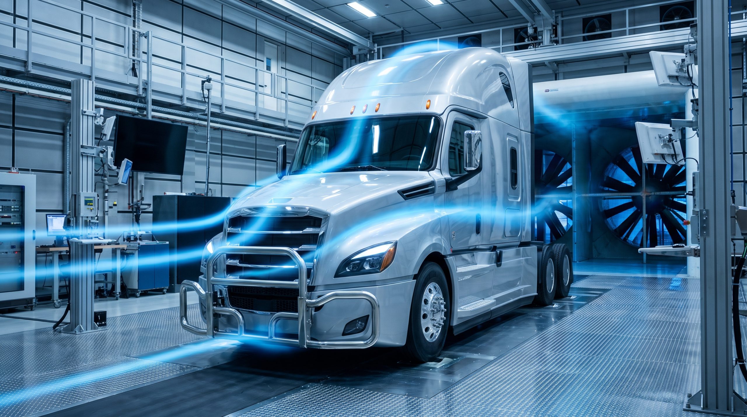 Semi truck aerodynamic wind tunnel test with blue air flows