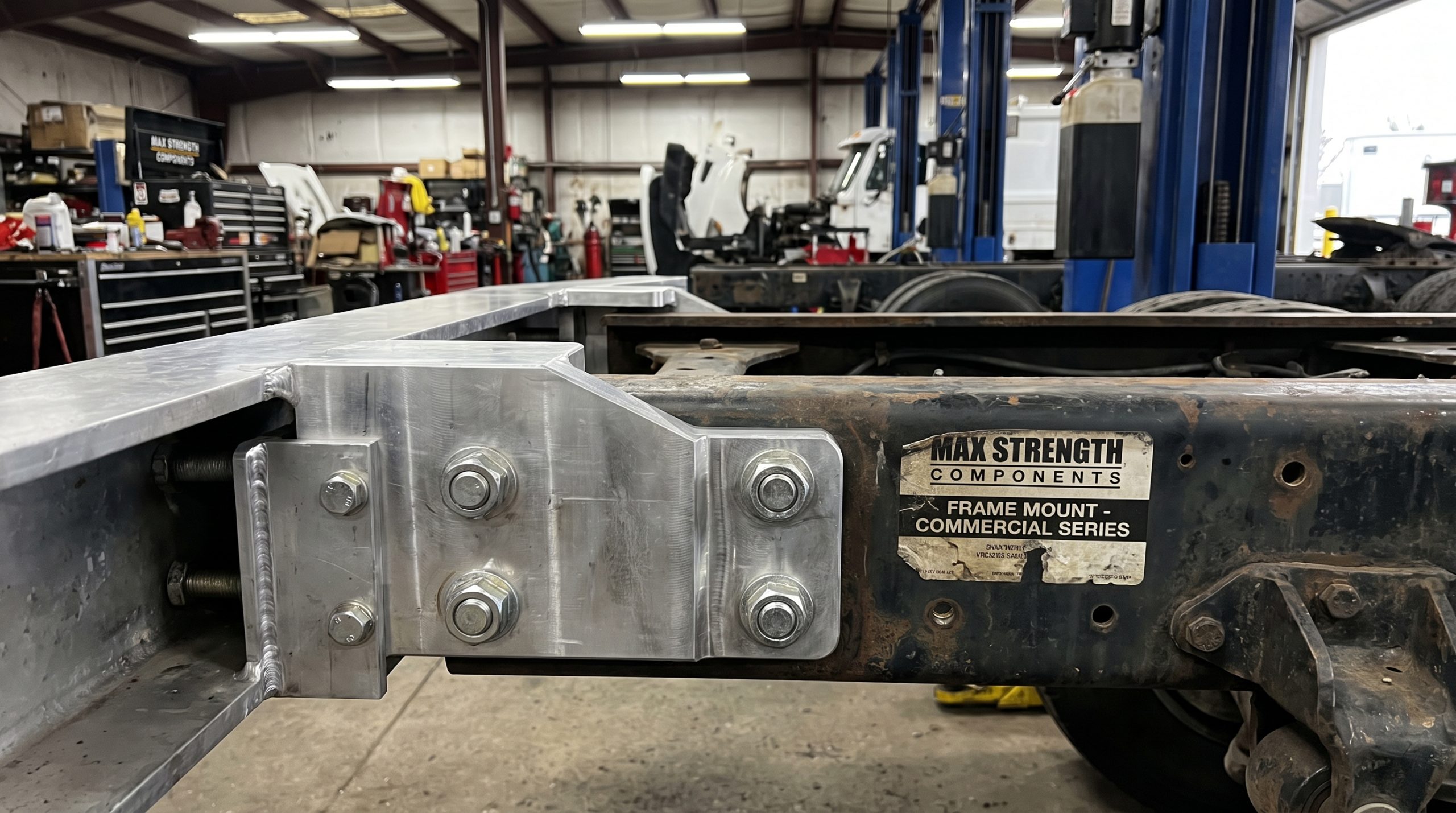 Heavy duty truck bumper frame mounting brackets close up in shop