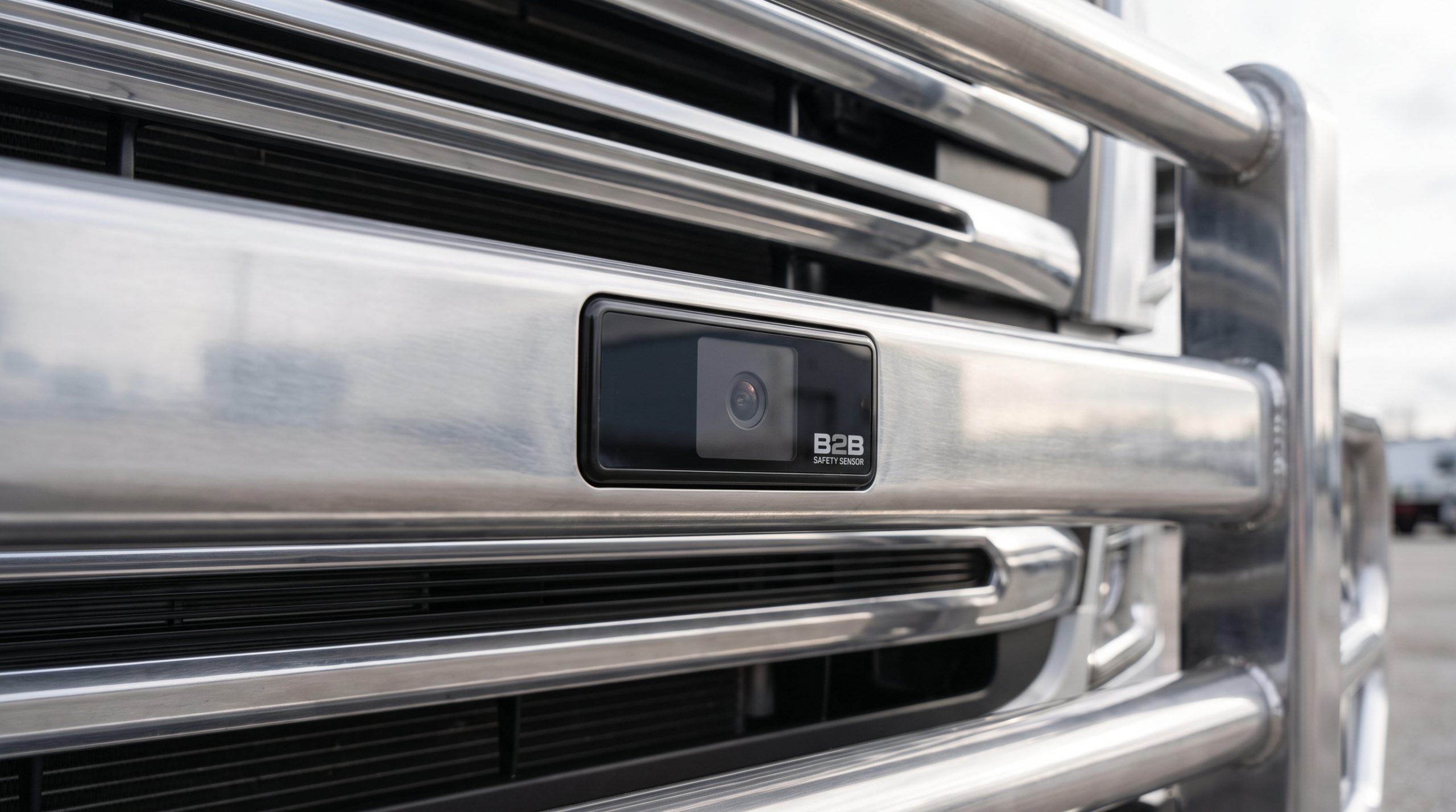 Truck radar safety sensor closeup on metal bumper