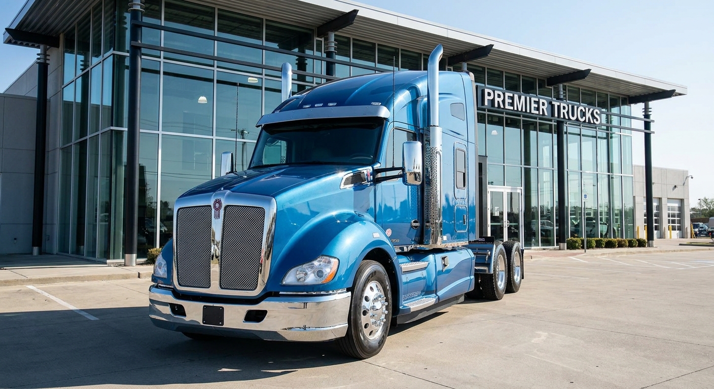 A beautiful blue semi-truck parked in front of a modern dealership, illustrating high-end custom vehicle packages.