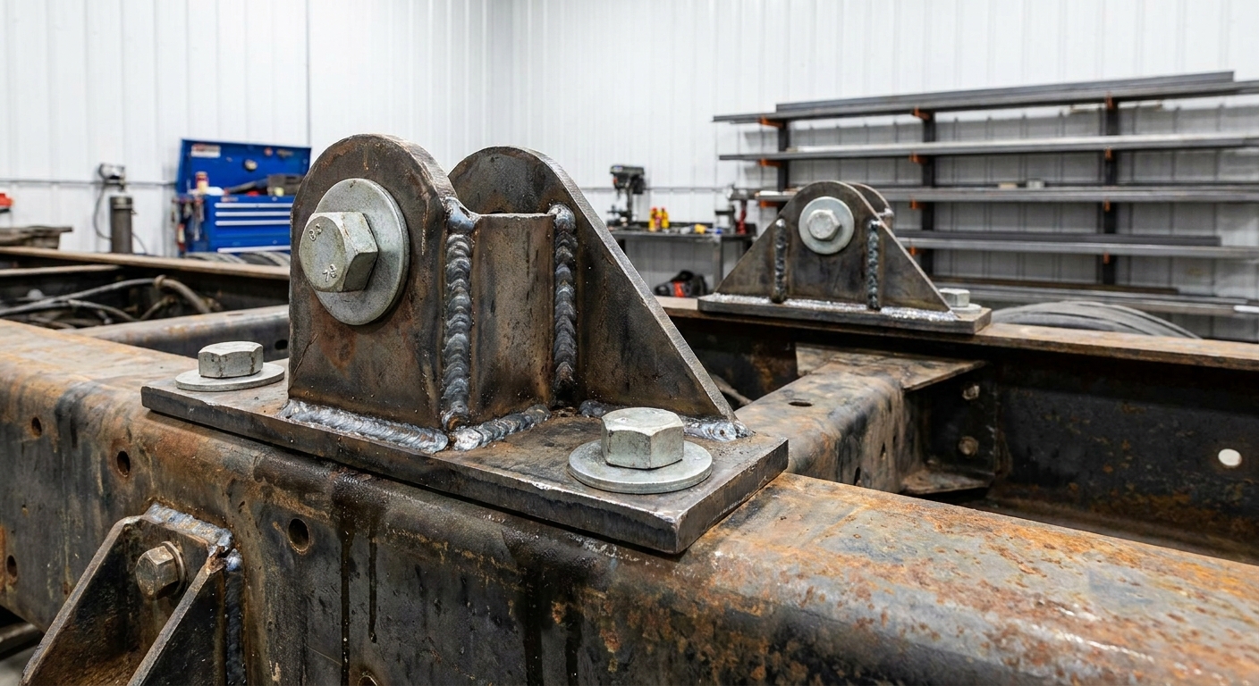 Heavy-duty steel mounting brackets close-up on truck frame