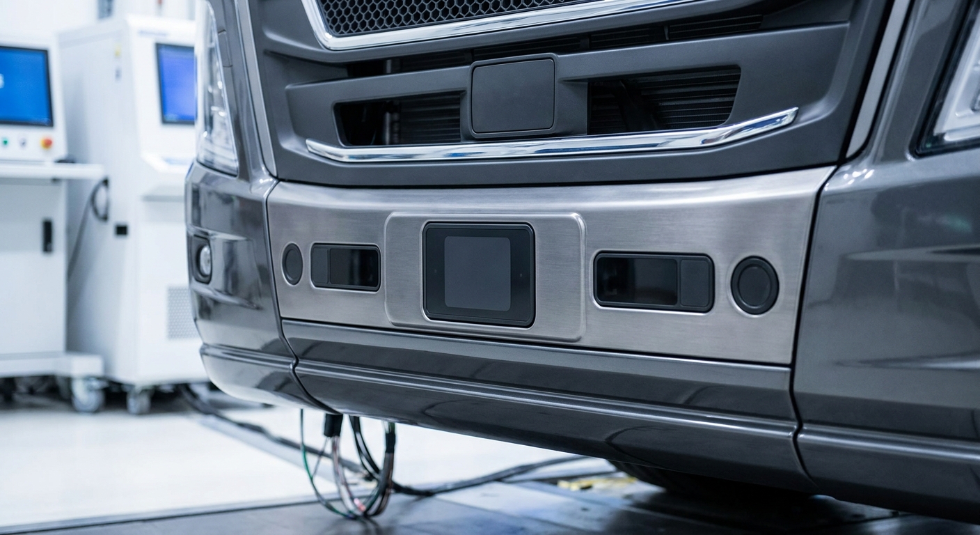 Modern commercial truck front bumper with integrated ADAS sensors