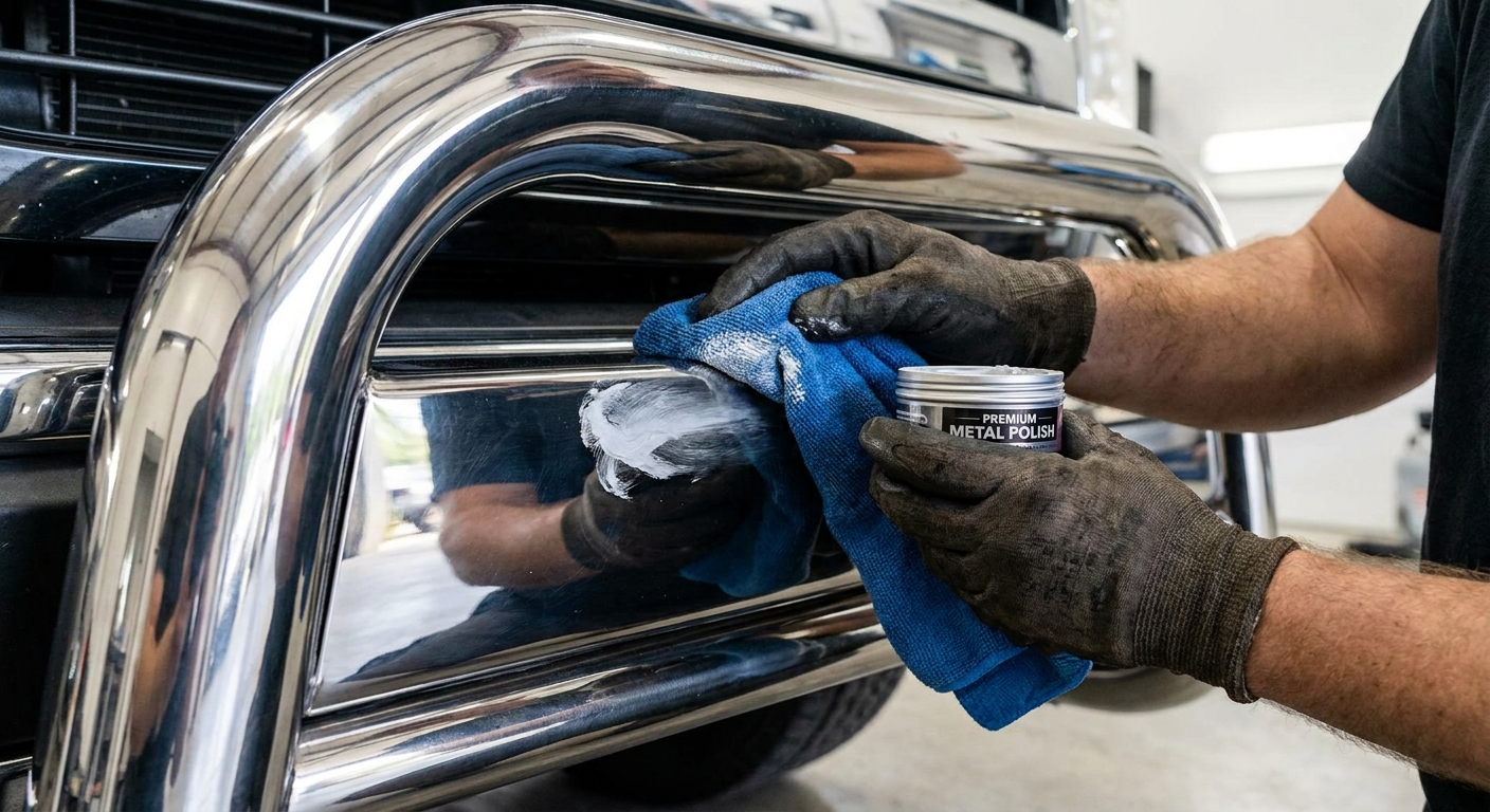 A worker using a premium metal polish on a brilliant mirror-finish stainless steel grille guard, emphasizing high-quality craftsmanship.