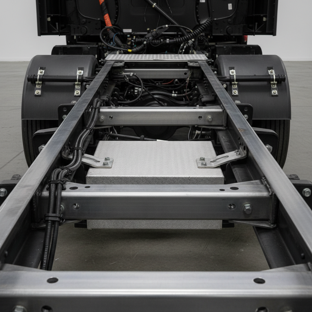 Semi truck frame rails with class 8 aluminum tool storage 
