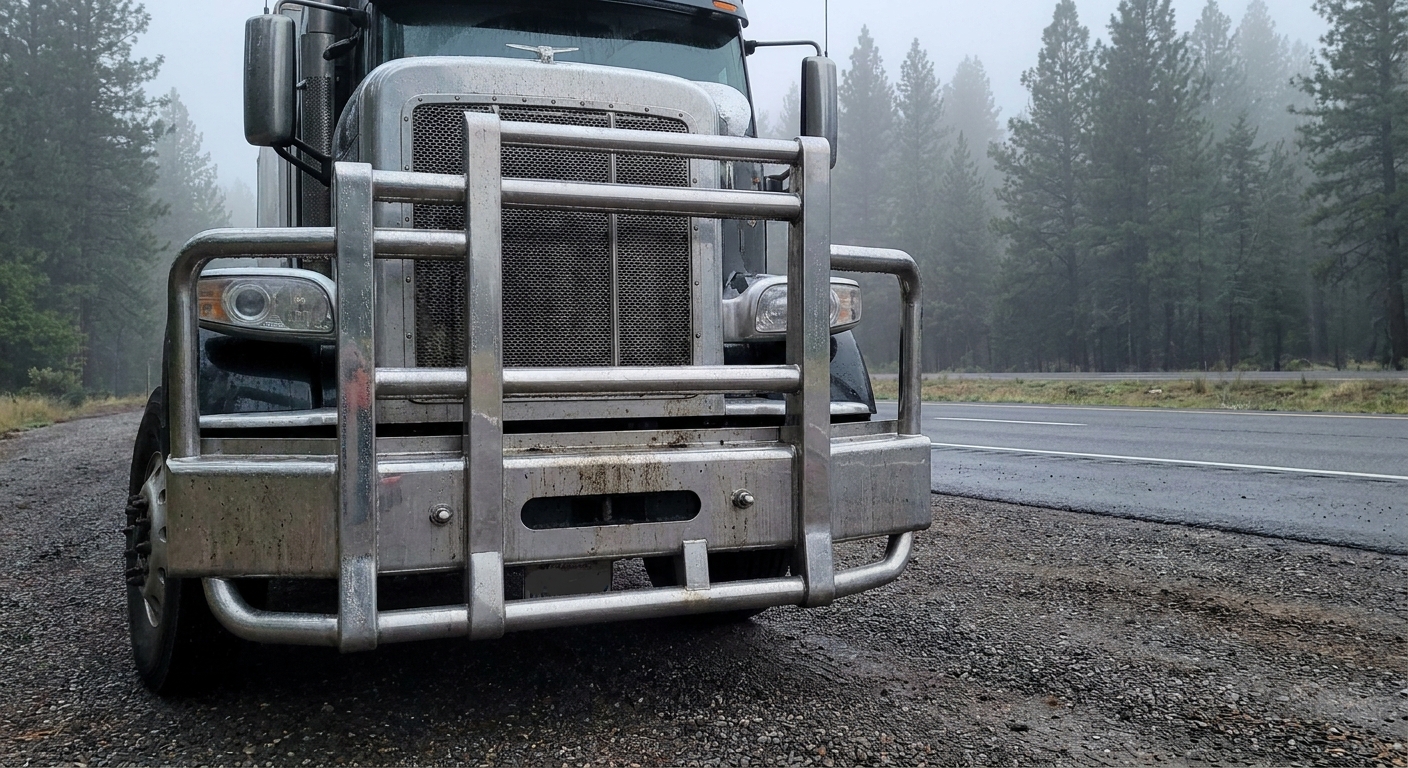 A high-strength semi-truck grille guard reflecting the morning light, demonstrating robust defense and durability on the road.