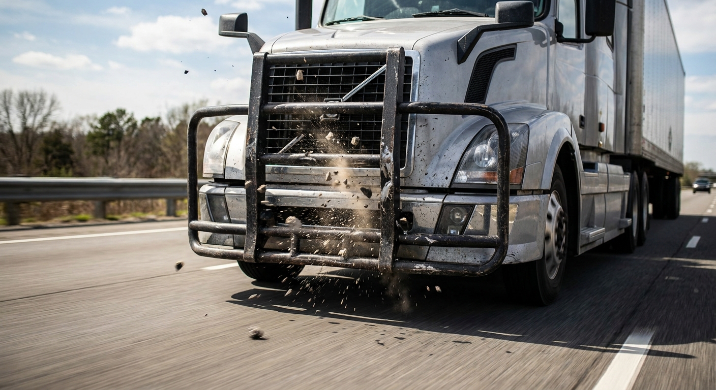 A close-up action shot of road debris safely deflecting off the lower steel plate of a high-strength grille guard on the highway.