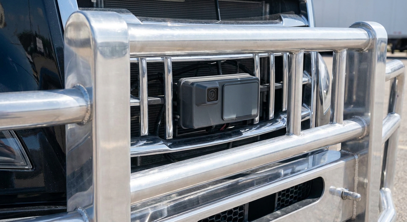 A close-up of a semi-truck front radar sensor integrated within the protective framework of a heavy-duty steel grille guard.