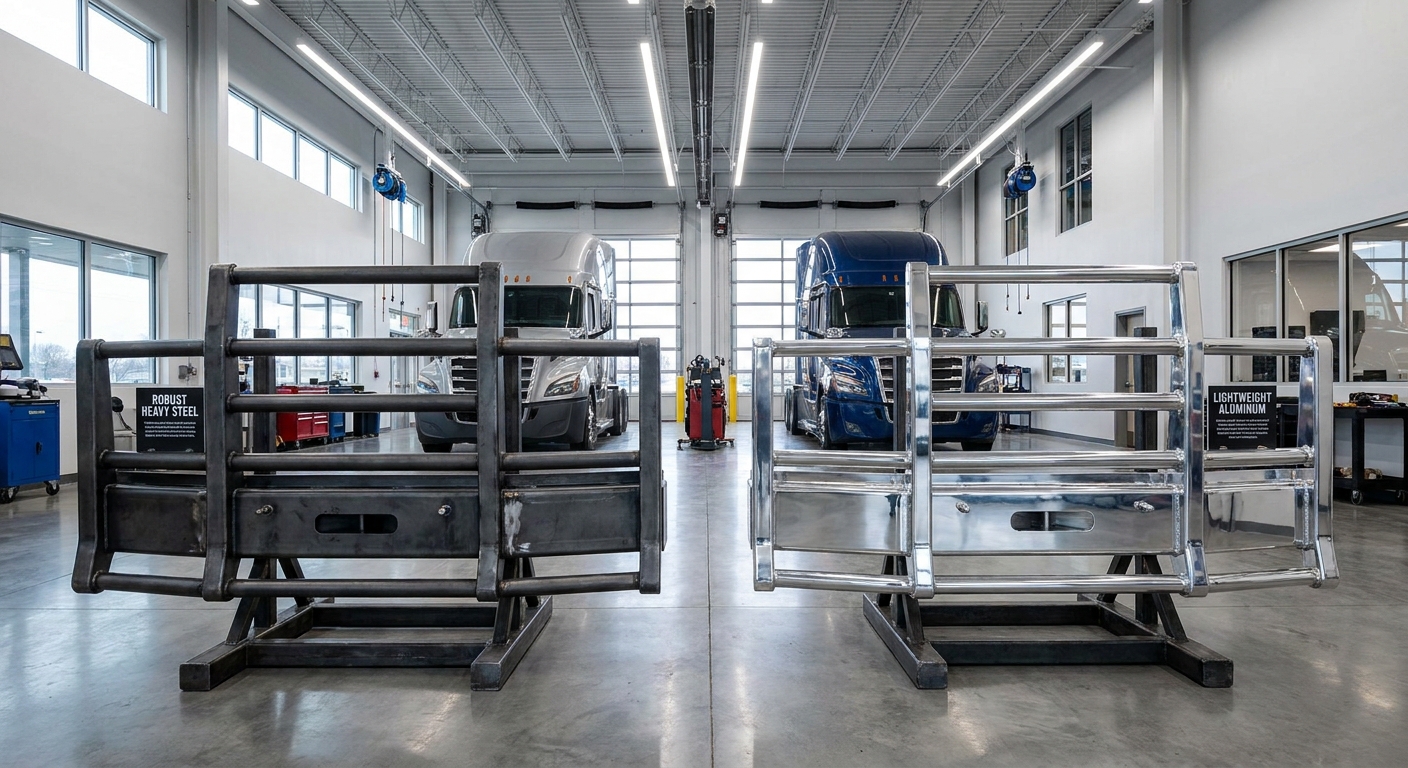 A comparison showing polished aluminum and heavy steel grille guards, highlighting the choice of materials for owner-operators.