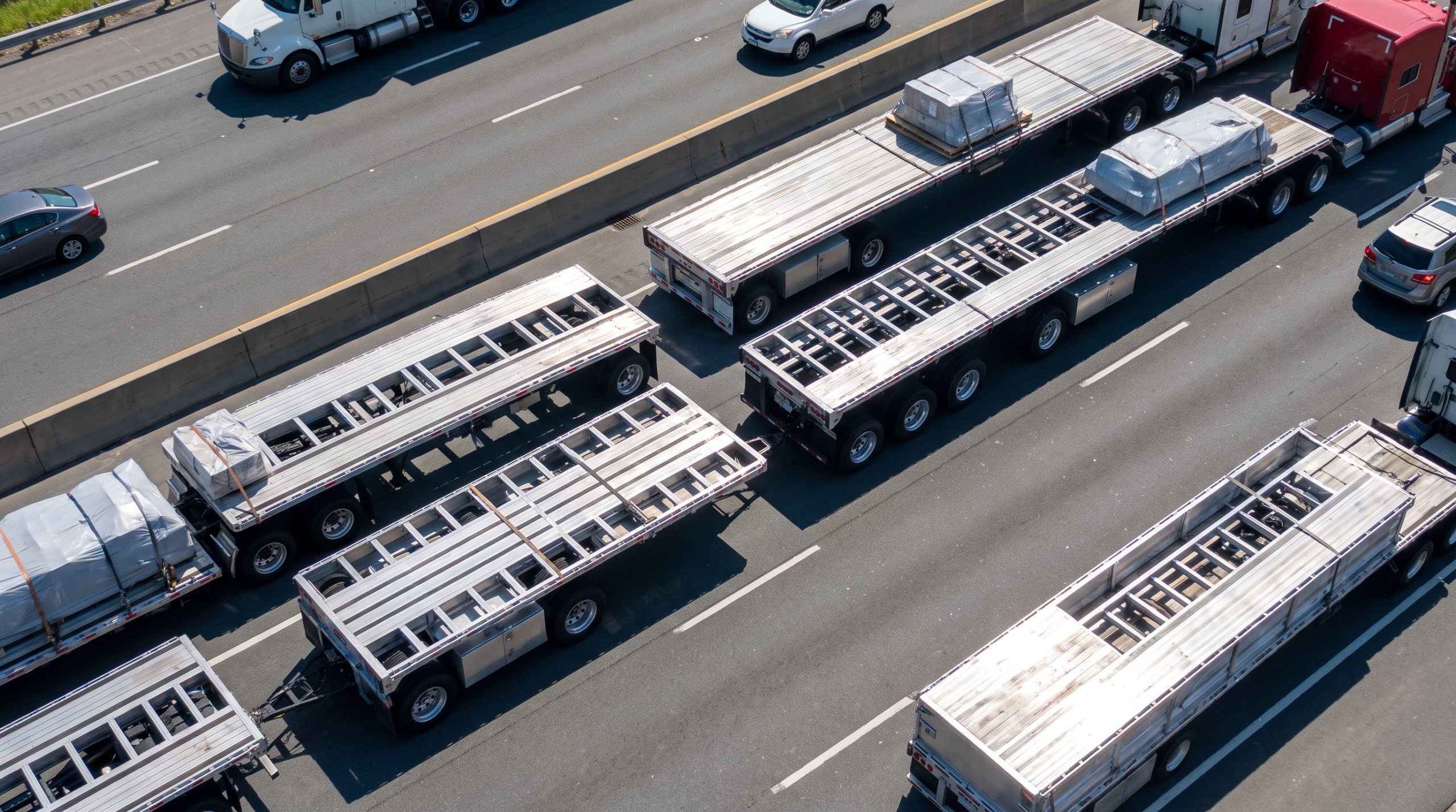 Aerial highway perspective of a commercial aluminum truck fleet