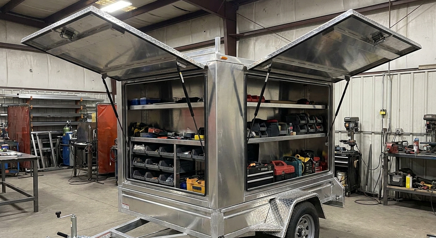 Open double doors of aluminum trailer toolbox on light utility chassis
