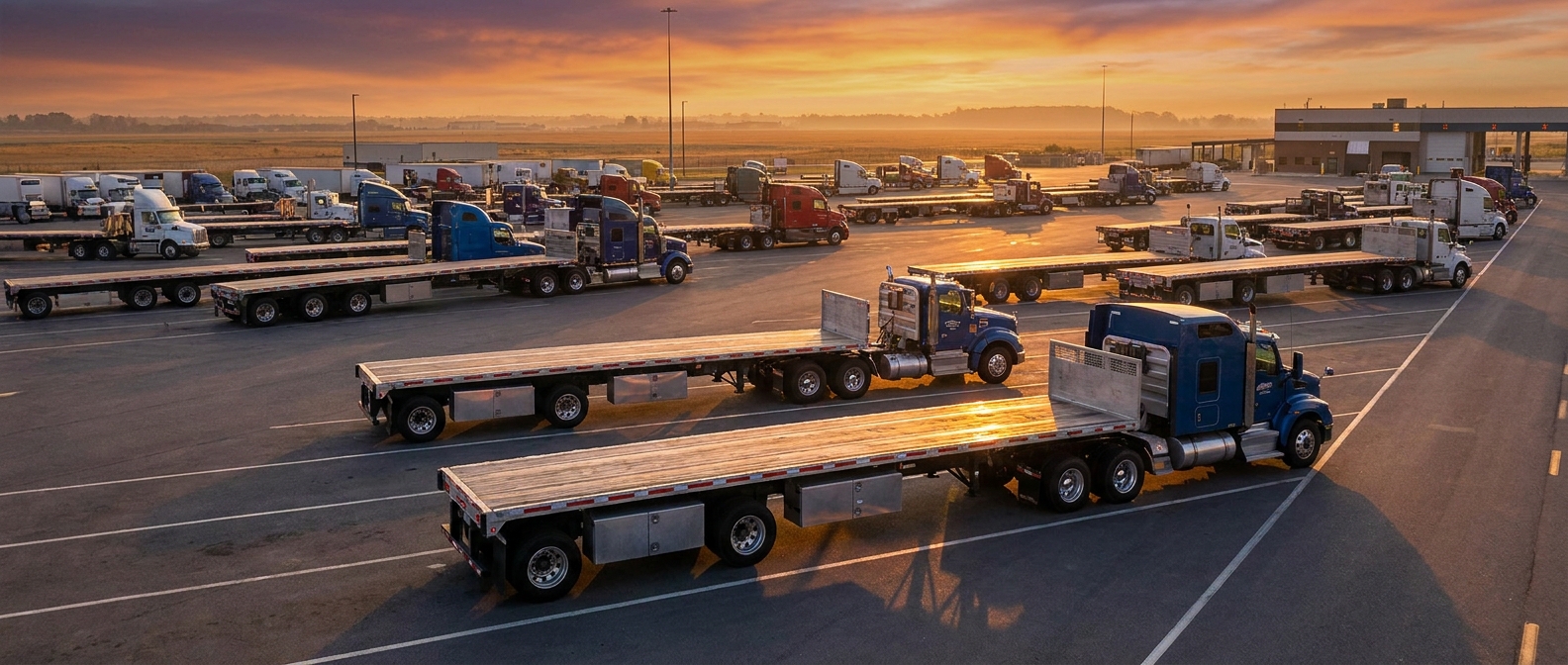 Cinematic wide shot of commercial flatbed fleet at sunset with tool boxes