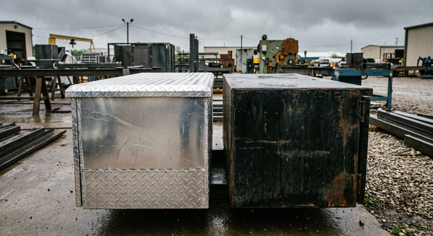 Diamond plate aluminum versus matte black steel trailer toolbox comparison