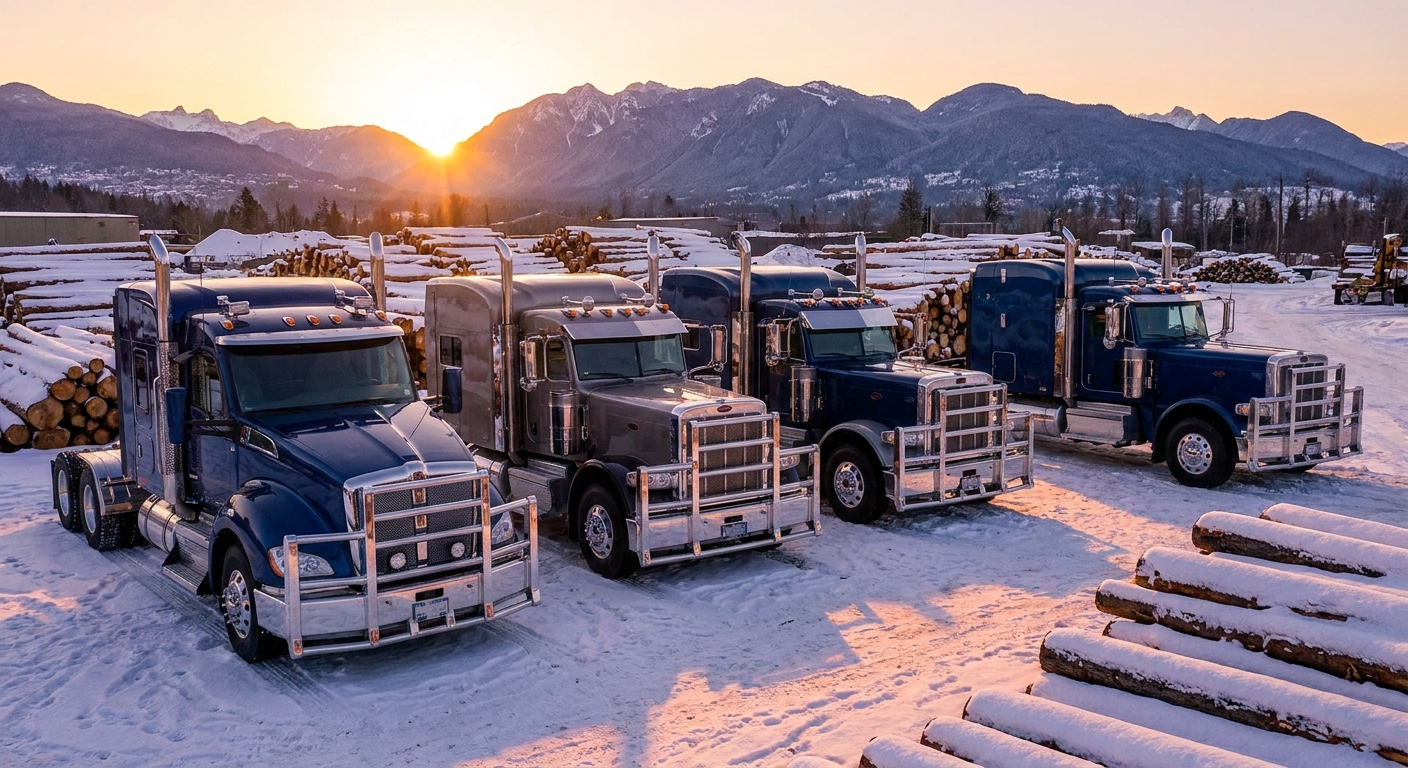 Fleet of Semi Trucks in Snowy Logging Yard