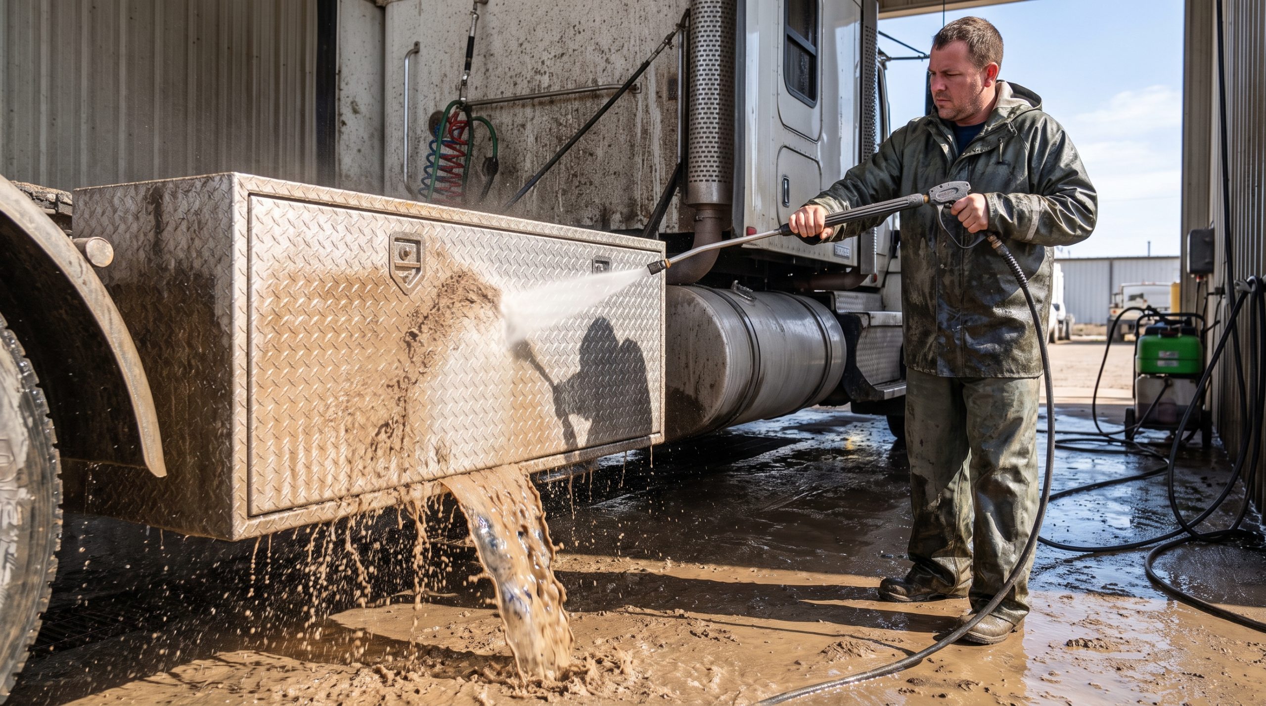 Fleet technician washing and cleaning a commercial truck toolbox