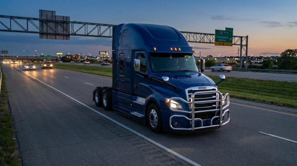 Heavy duty truck guards protecting a semi truck on a commercial highway route