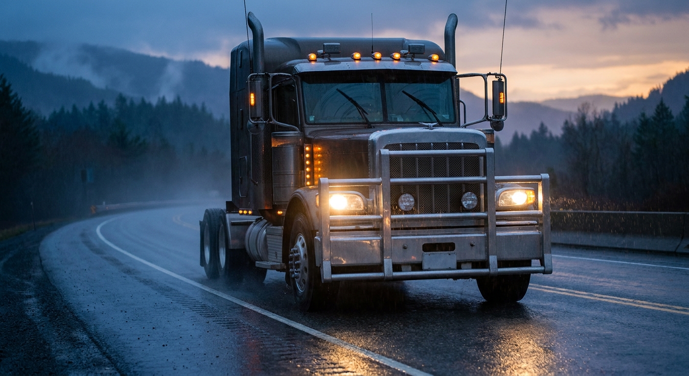 Semi Truck Navigating Highway Under Dramatic Sunset