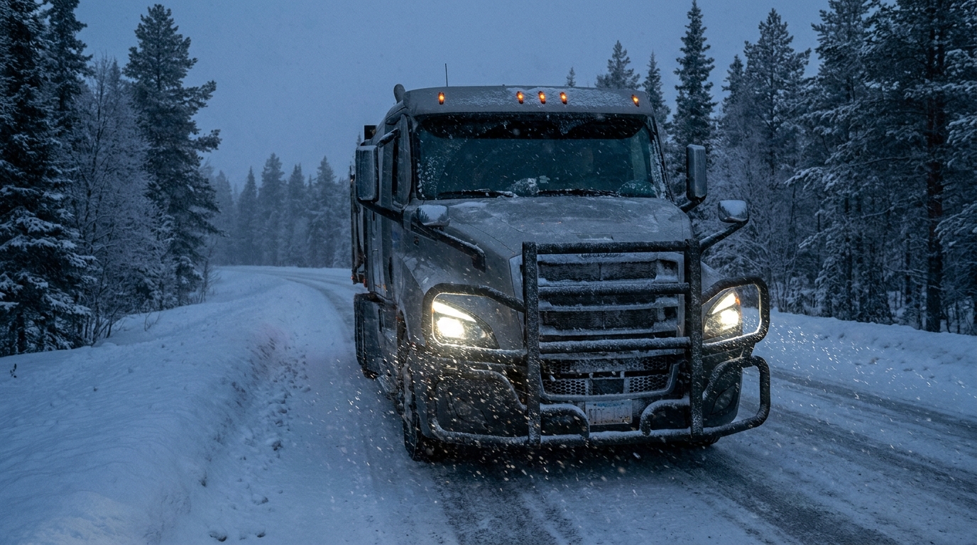 Semi Truck Navigating Snowy Highway