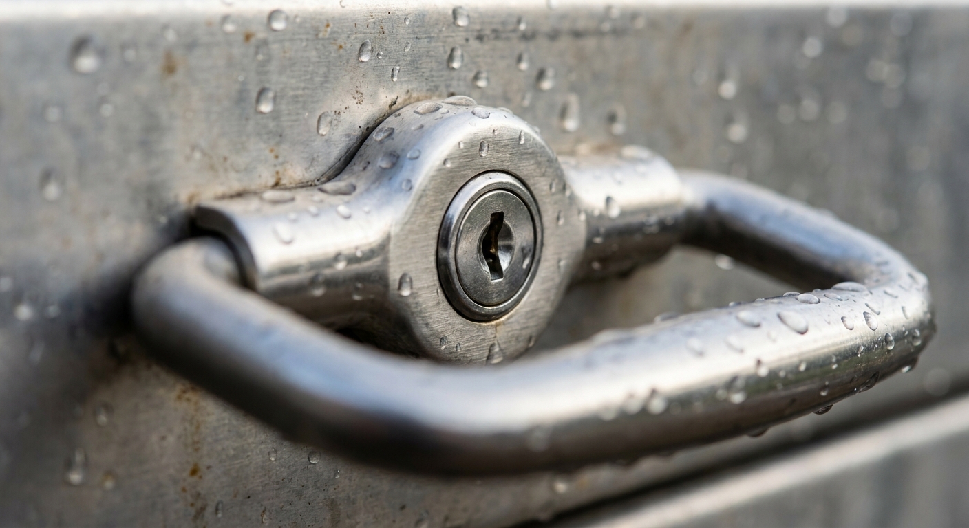Macro shot of secure stainless steel whale tail lock on trailer toolbox