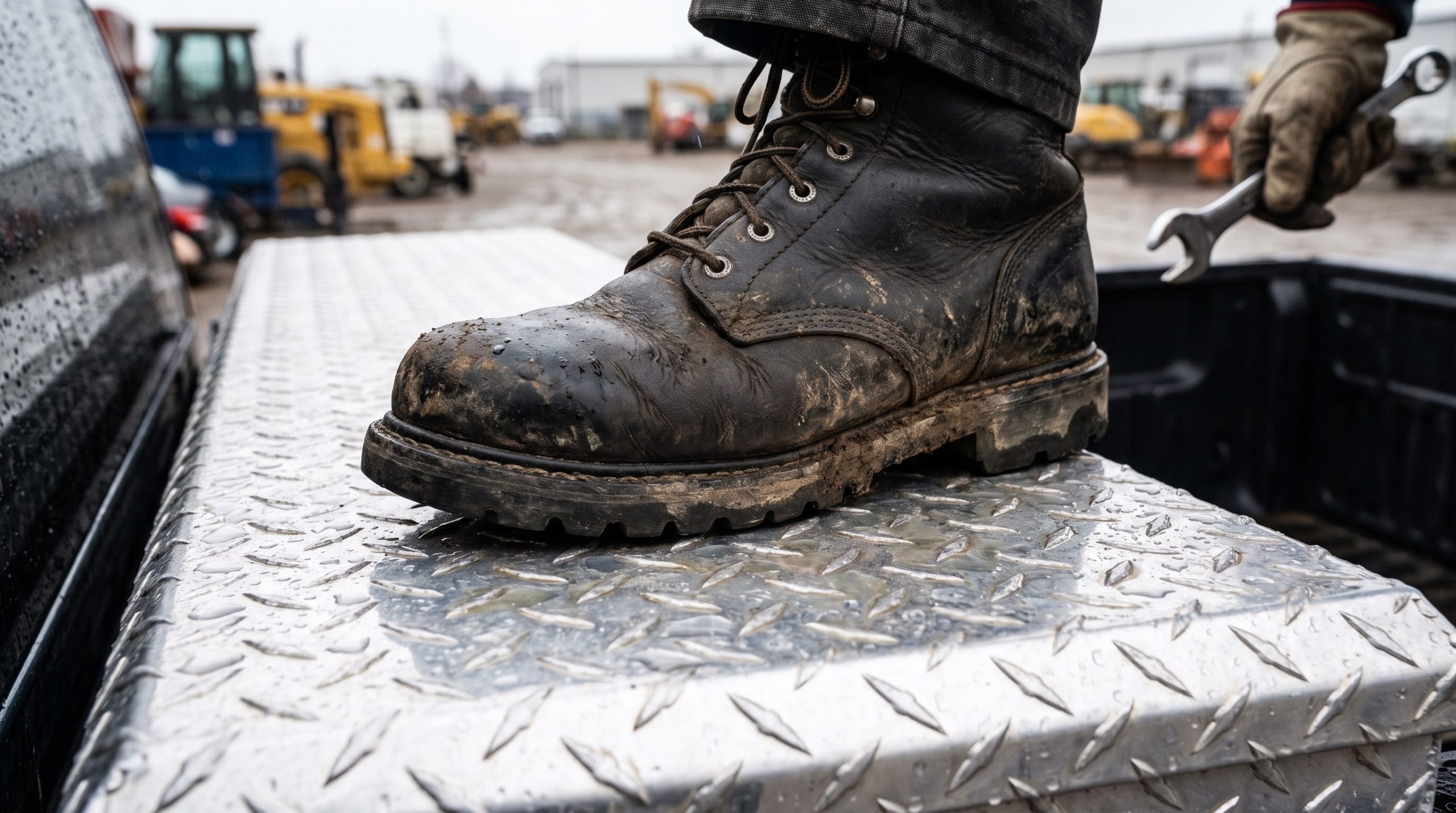Worker boot standing on non-slip wet surface of an aluminum toolbox