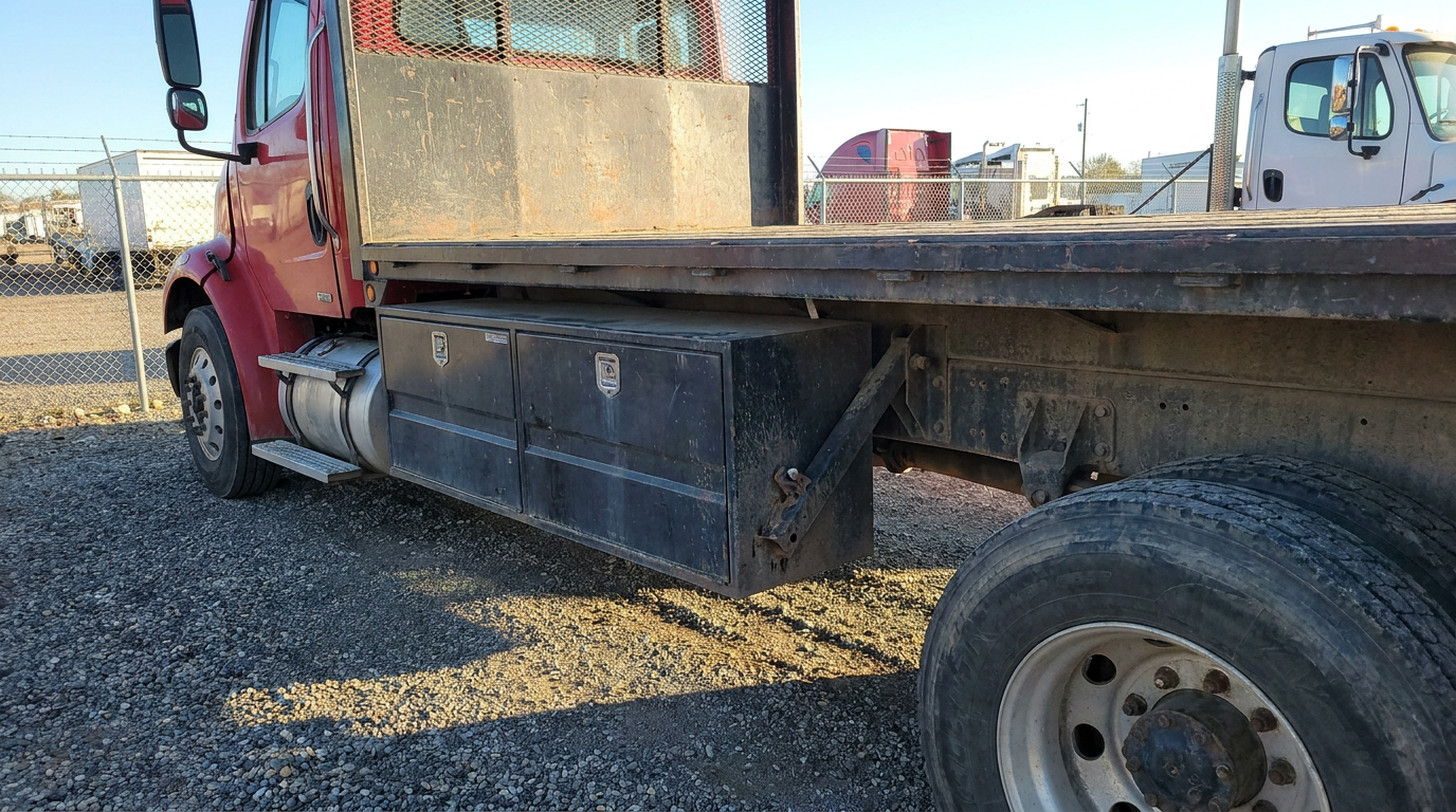 Side profile of Class 8 flatbed truck showing underbody tool box mounting location