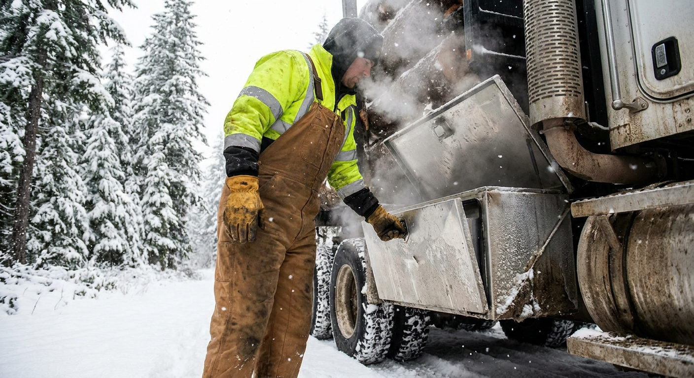 Fleet operator in snowy environment opening aluminum underbody tool box on logging truck