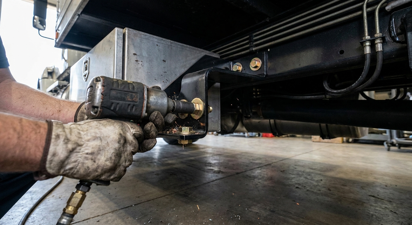 Technician hand using impact wrench to secure steel bracket to frame rail