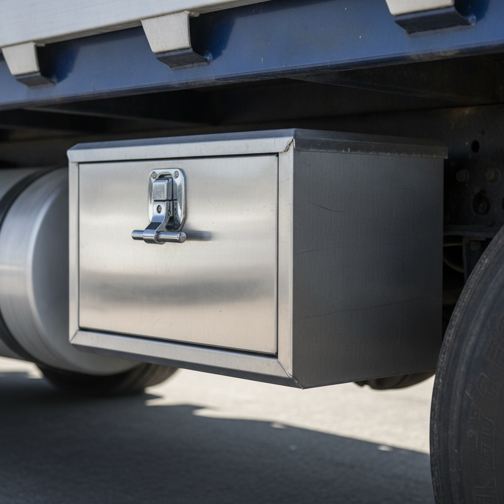 Polished Aluminum Underbody Tool Box Mounted on Flatbed Chassis