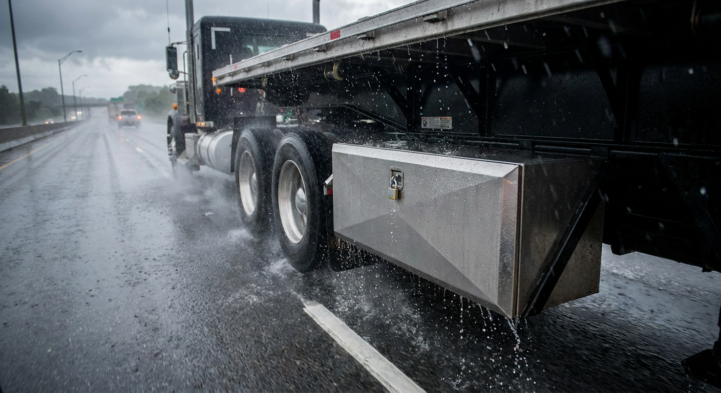 Commercial heavy truck on highway in heavy rainstorm showing water shedding off underbody box