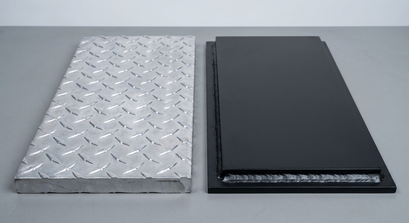 Side-by-side comparison of marine-grade diamond plate aluminum and black powder coated steel