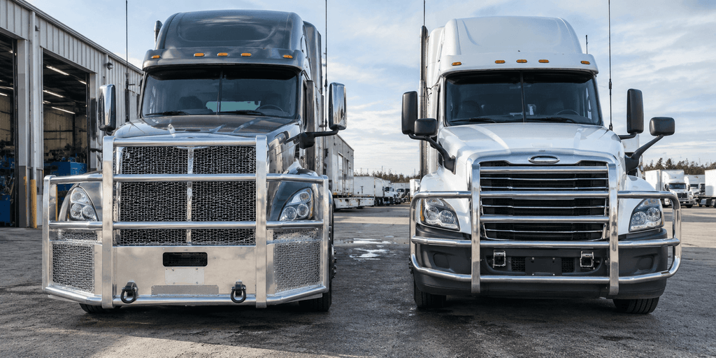 Moose bumper vs deer guard structural comparison on two semi trucks