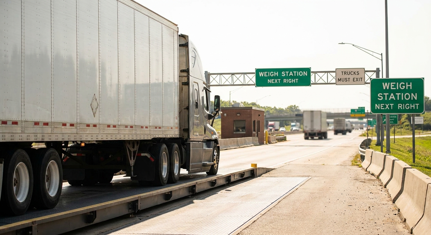 Semi-Truck on Highway Scale Near Weigh Station
