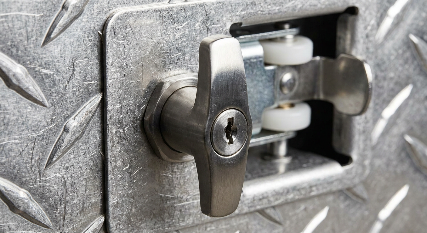 Macro close-up of heavy-duty stainless steel T-handle lock and paddle latch