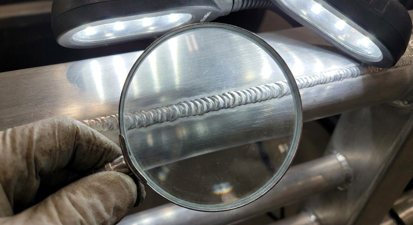 TIG weld inspection close up under magnifying glass