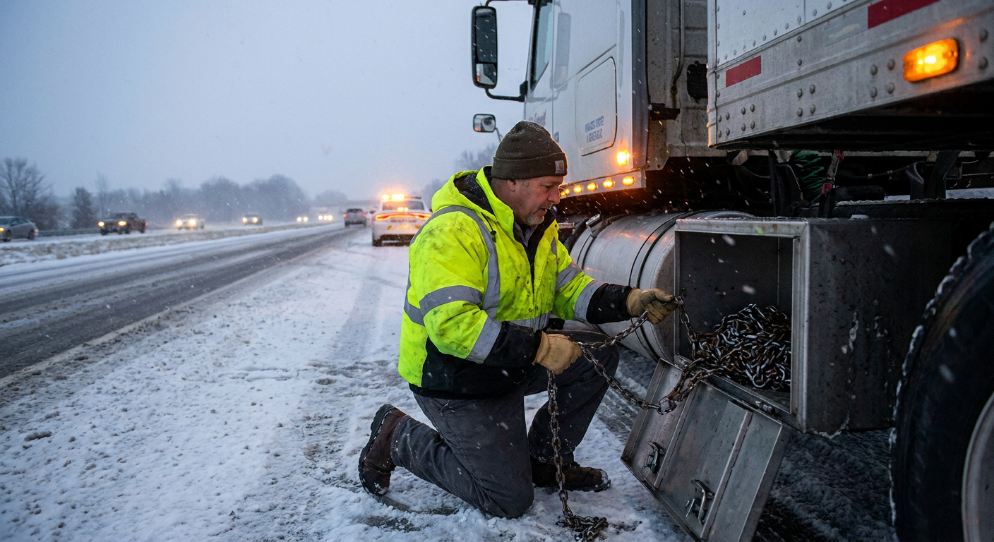 Truck driver retrieving heavy snow chains from carrier on road