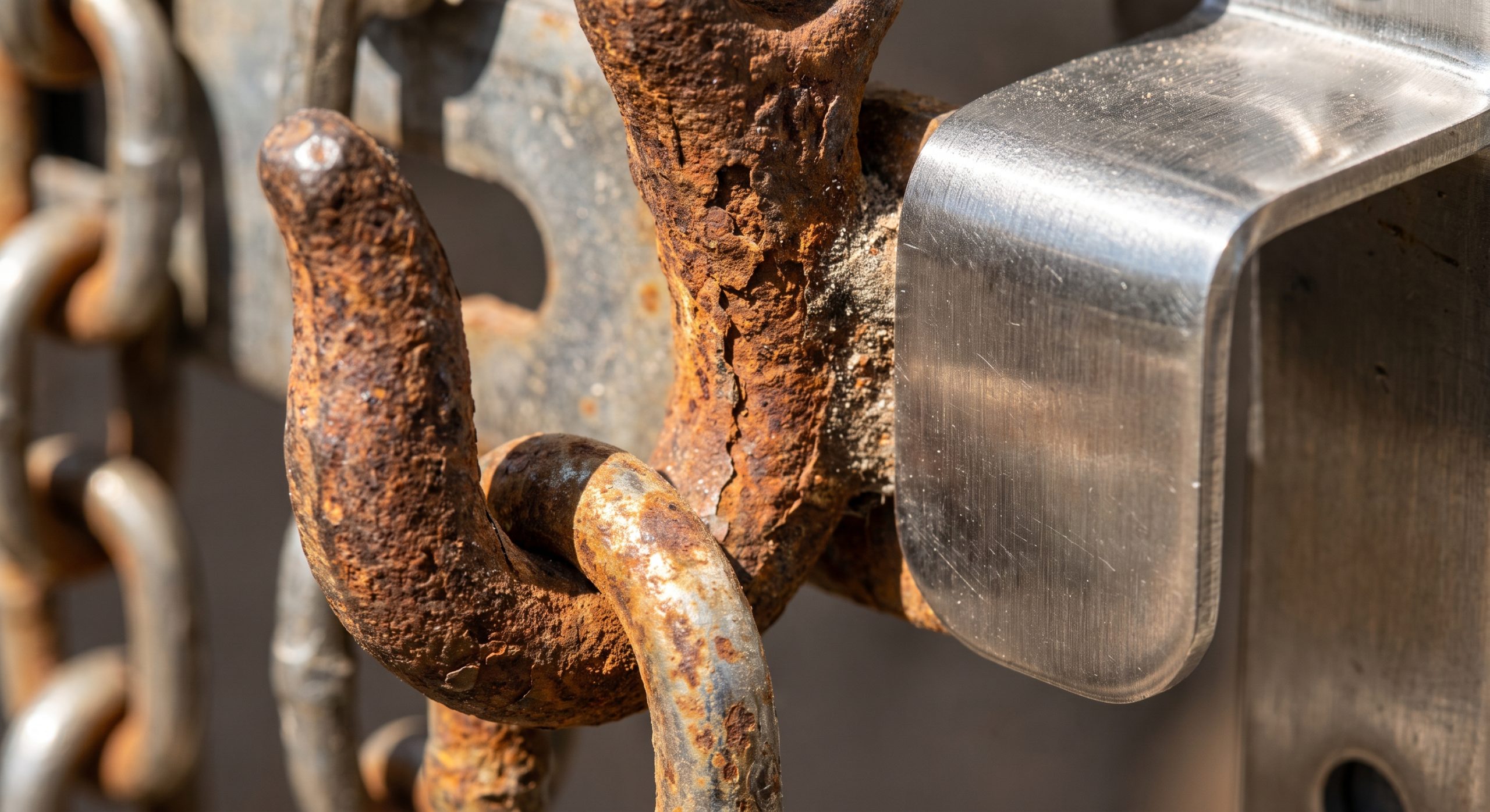 Extreme macro shot of a rusted steel chain hook contrasting with a clean stainless steel bracket
