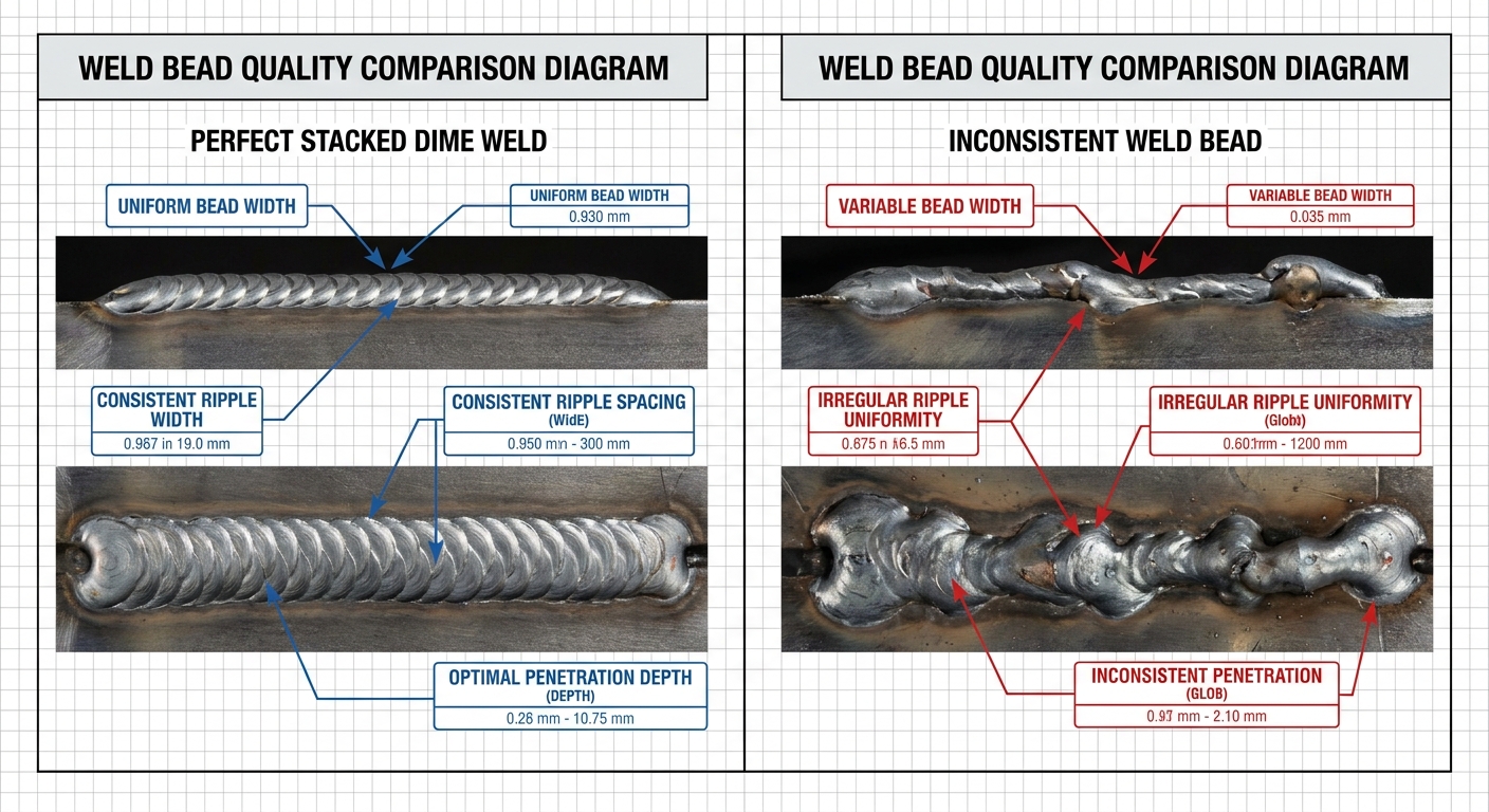 Detailed engineering diagram of a perfect stacked dime weld versus an inconsistent weld bead