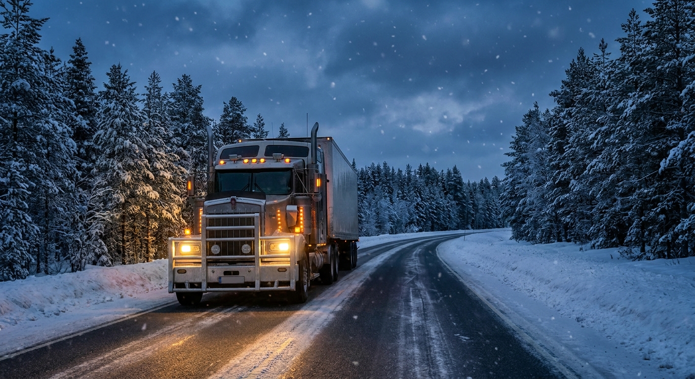 Semi-Truck Navigating Winter Forest Route